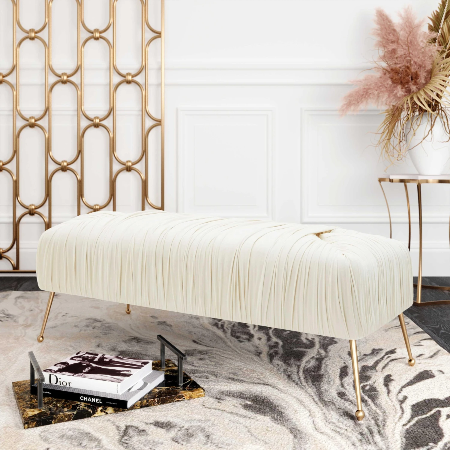 Jessica Cream Velvet Bench By Inspire Me! Home Decor 2 Jessica Cream Velvet Bench By Inspire Me! Home Decor - Image 2