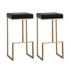 Ferrara Black Performance Vegan Leather And Gold Steel Barstool - Set Of 2