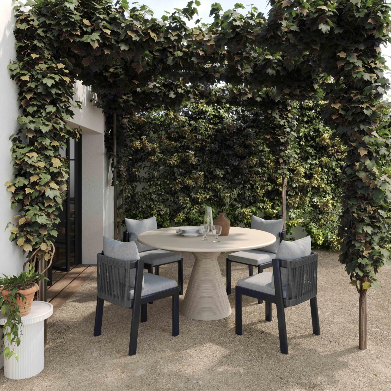 Fern Beige Textured Faux Plaster Concrete Indoor / Outdoor 47" Round Dining Table 2 Fern Beige Textured Faux Plaster Concrete Indoor / Outdoor 47" Round Dining Table - Image 2